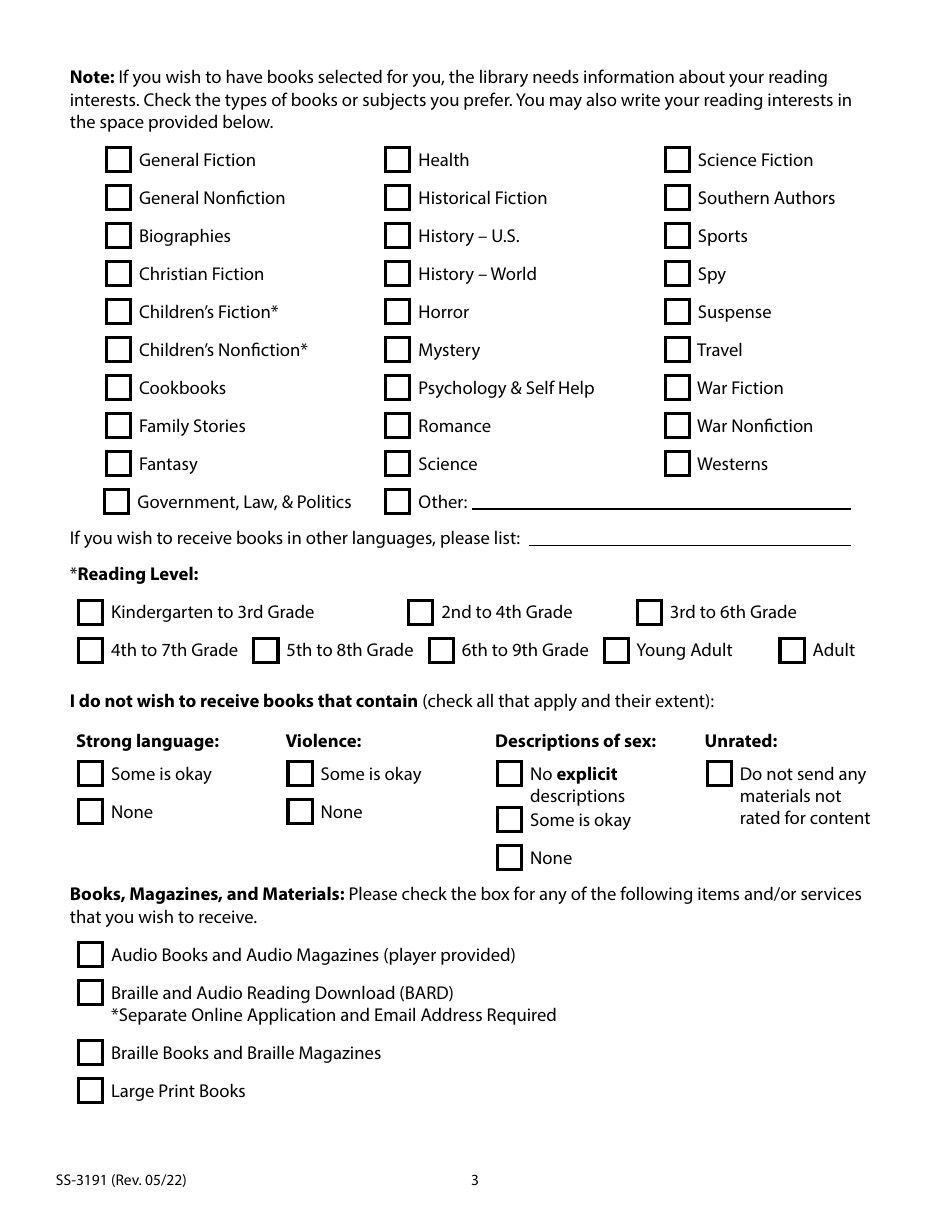 Form SS-3191 Application for Free Library Services: Individuals - Tennessee, Page 3