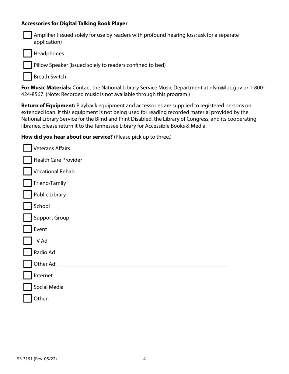 Form SS-3191 Application for Free Library Services: Individuals - Tennessee, Page 4