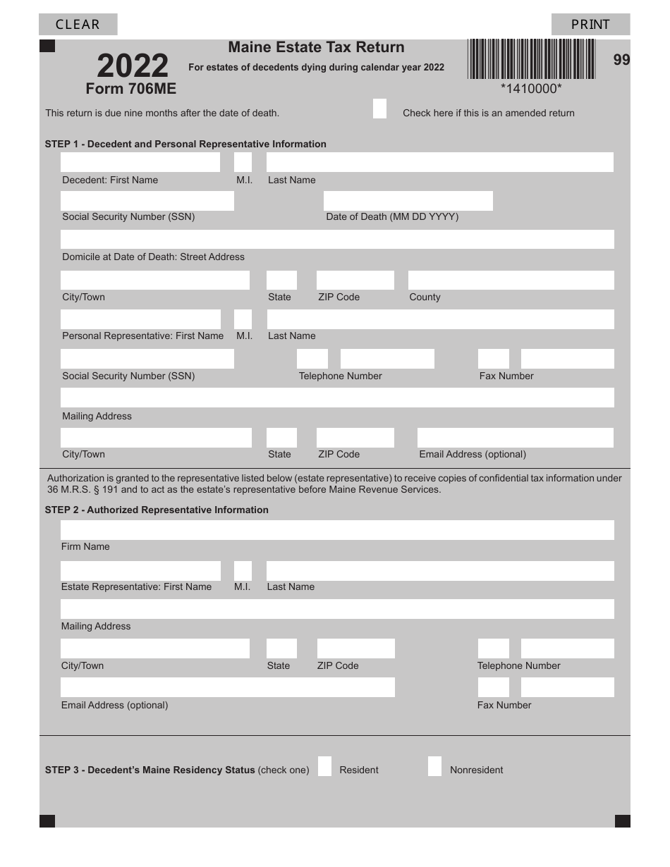 Form 706ME Maine Estate Tax Return for Estates of Decedents Dying During Calendar Year 2022 - Maine, Page 1