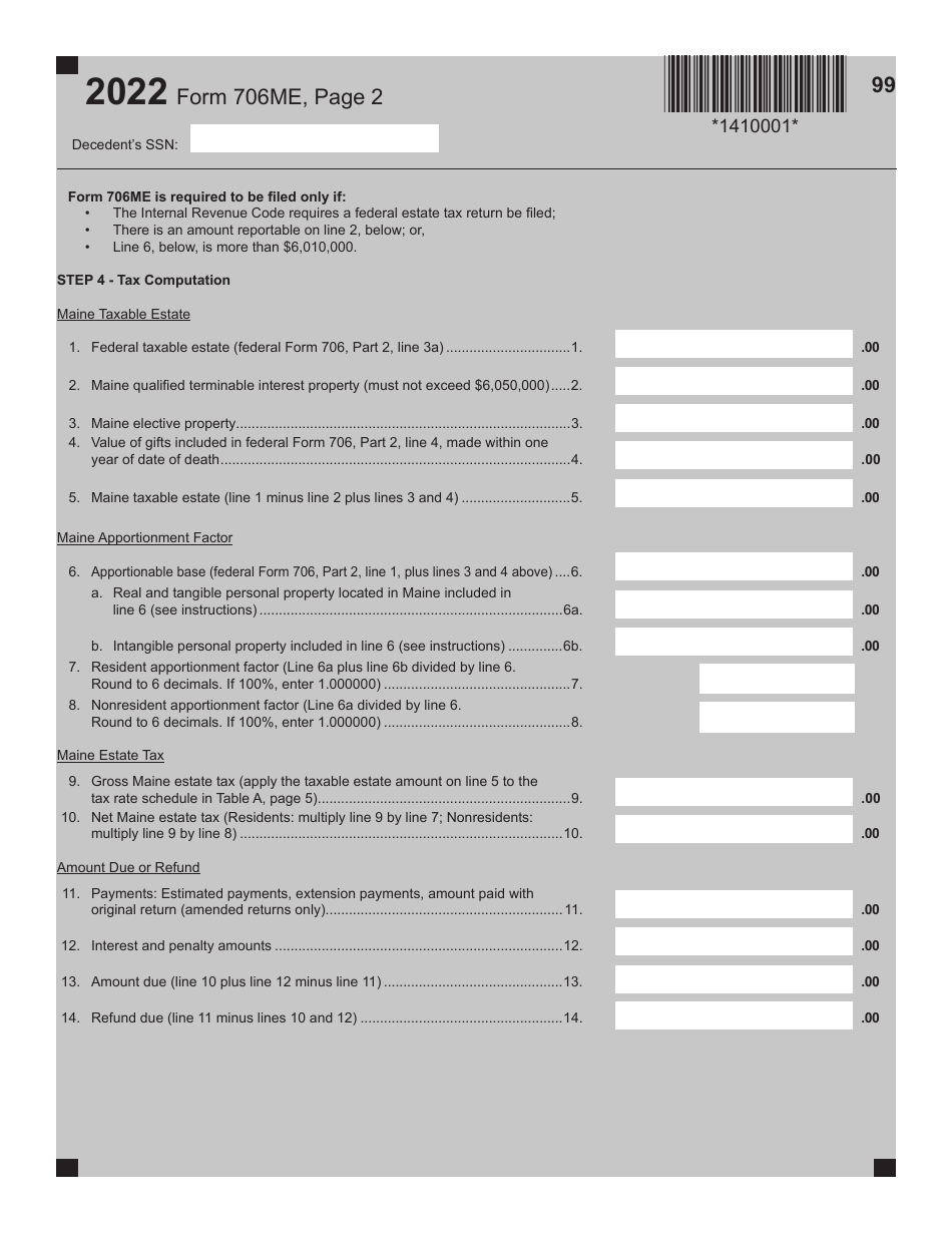 Form 706ME Maine Estate Tax Return for Estates of Decedents Dying During Calendar Year 2022 - Maine, Page 2