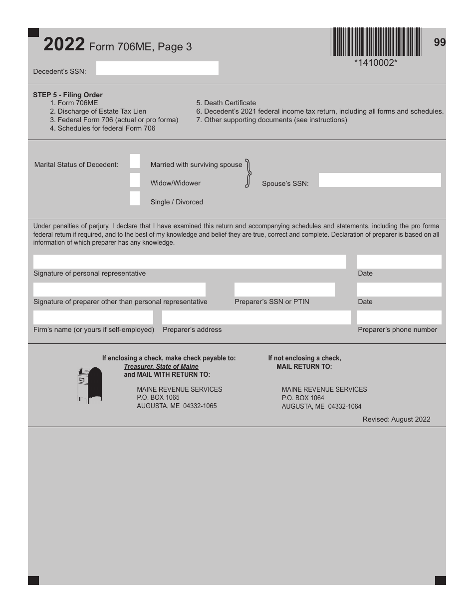 Form 706ME Maine Estate Tax Return for Estates of Decedents Dying During Calendar Year 2022 - Maine, Page 3