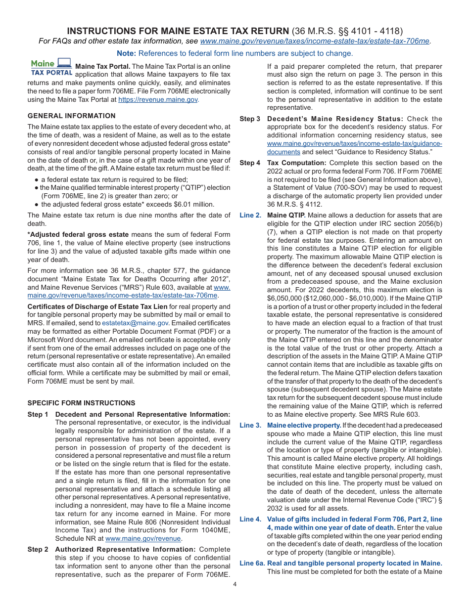 Instructions for Form 706ME Maine Estate Tax Return - Maine, Page 1