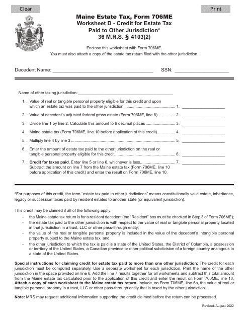 Form 706ME Worksheet D  Printable Pdf