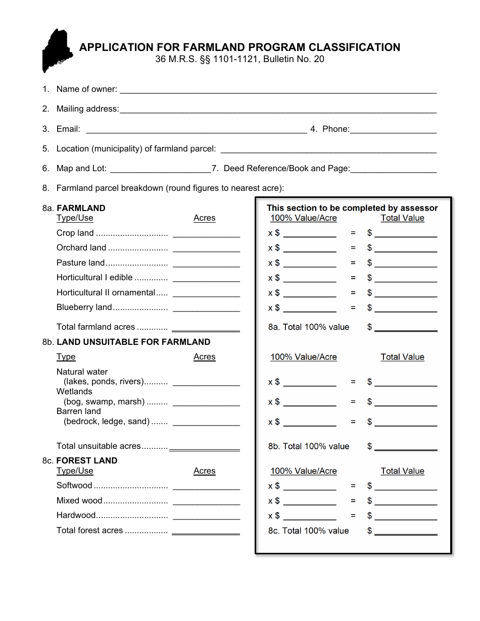 Application for Farmland Program Classification - Maine, Page 1