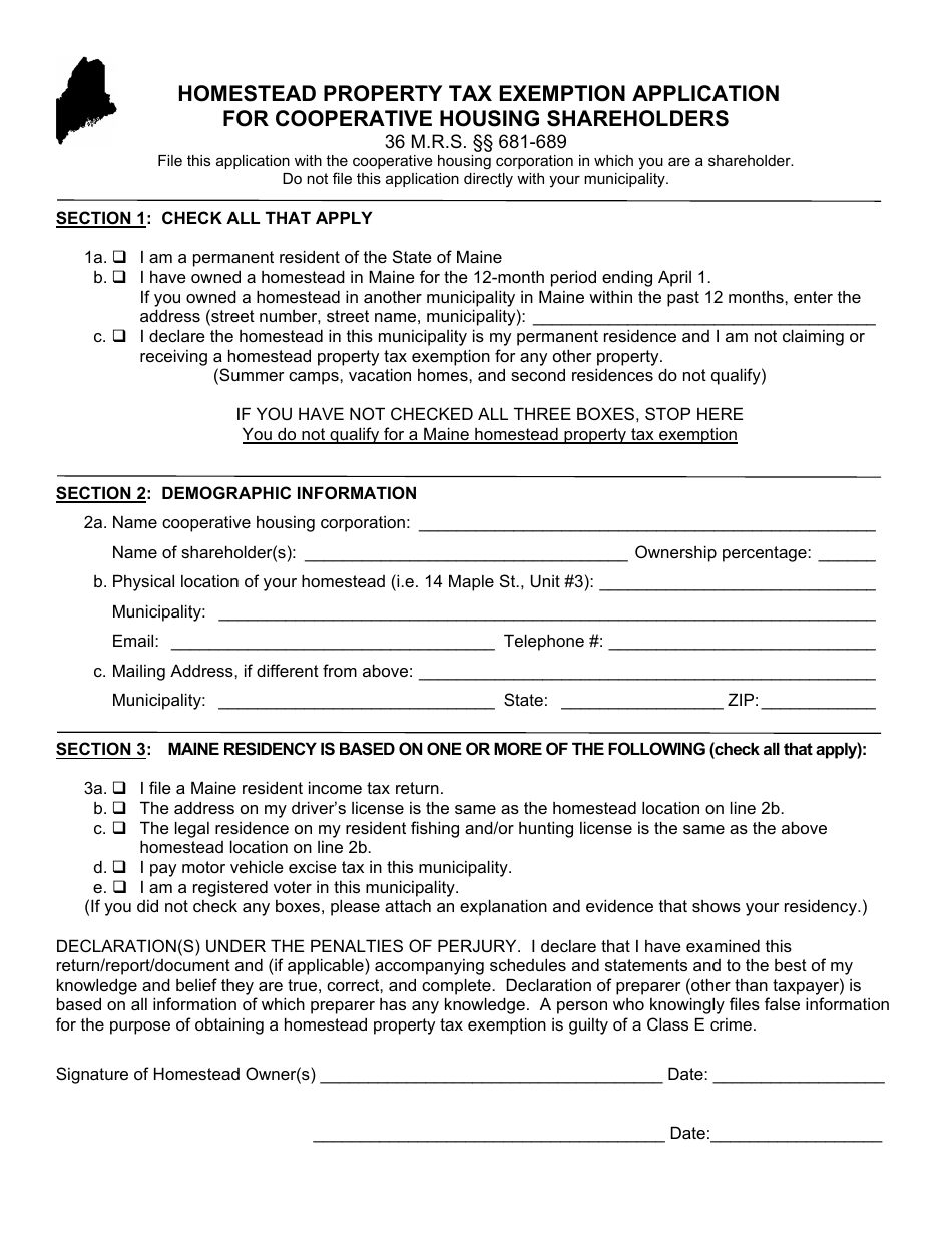 Maine Homestead Property Tax Exemption Application for Cooperative