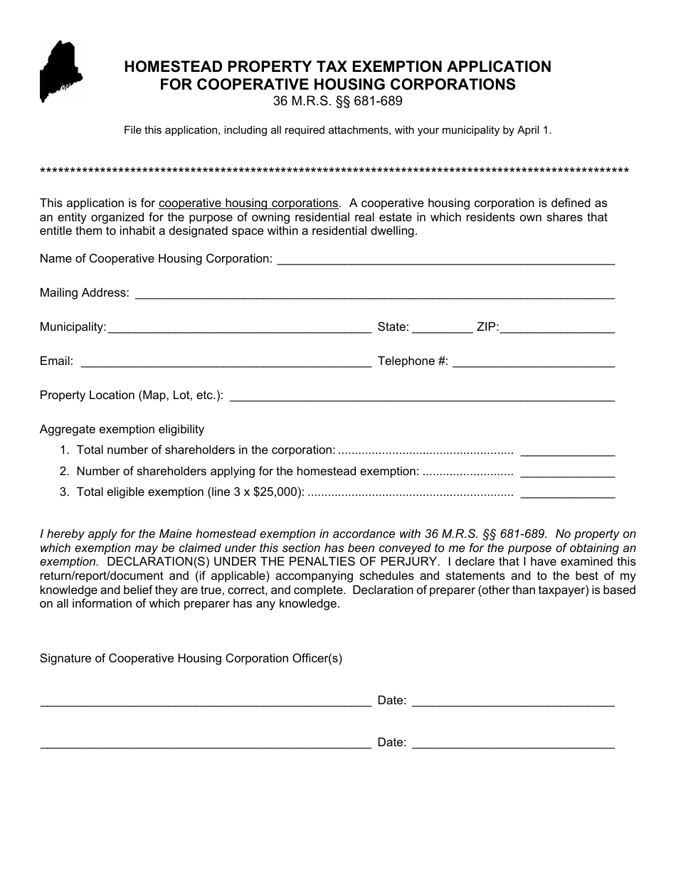 Maine Homestead Property Tax Exemption Application for Cooperative
