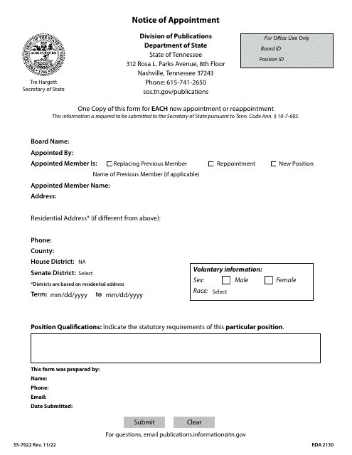 Form SS-7022 Notice of Appointment - Tennessee