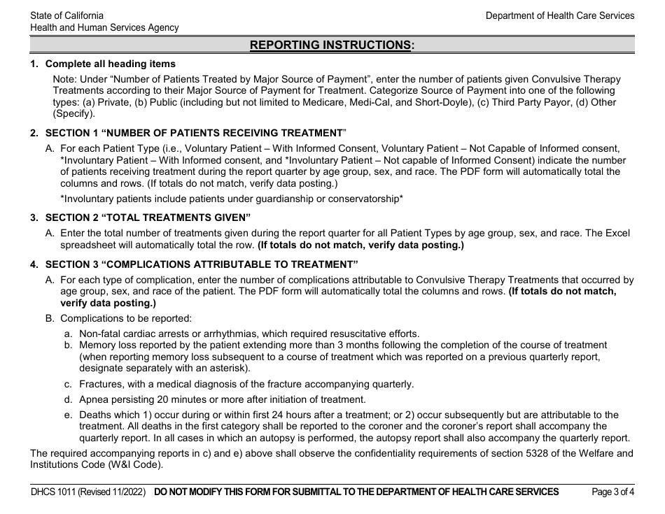 Form DHCS1011 Quarterly Report for Convulsive Treatments and Psychosurgery Administered - California, Page 3