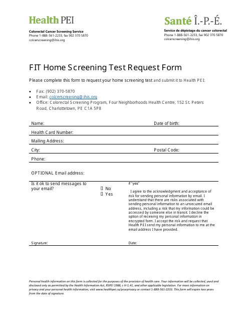 Fit Home Screening Test Request Form - Prince Edward Island, Canada