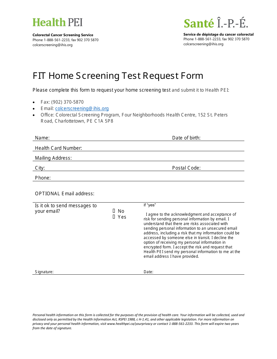 Fit Home Screening Test Request Form - Prince Edward Island, Canada, Page 1
