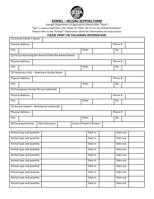 Kennel - Record Keeping Form - Georgia (United States) Download Pdf