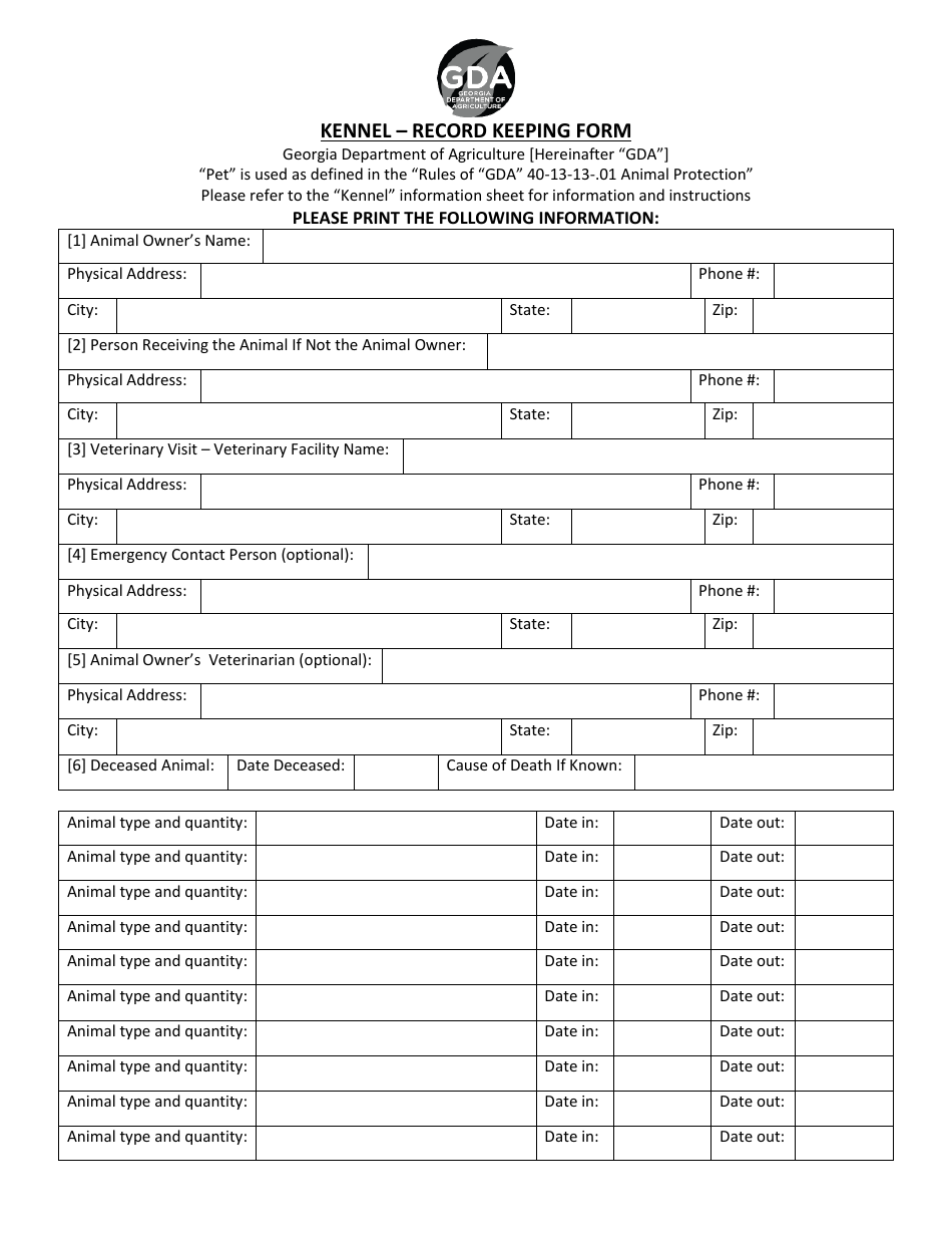 (United States) Kennel Record Keeping Form Fill Out, Sign