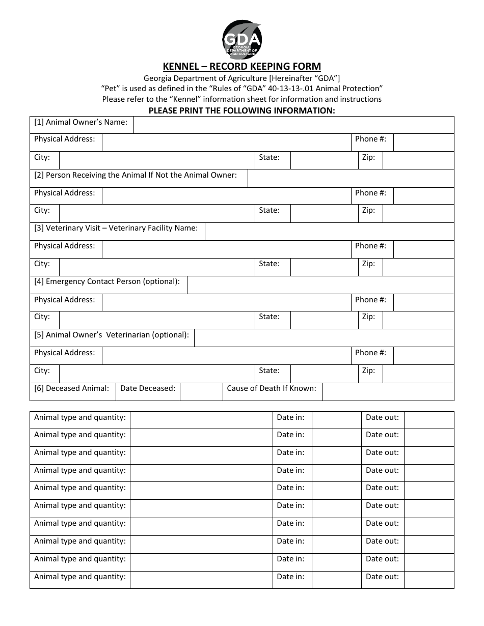 Kennel - Record Keeping Form - Georgia (United States), Page 1