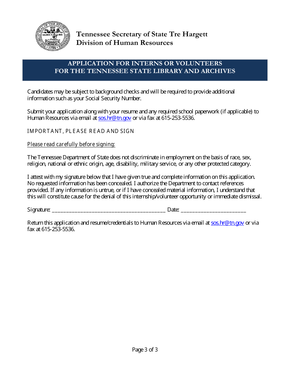 Application for Interns or Volunteers for the Tennessee State Library and Archives - Tennessee, Page 3