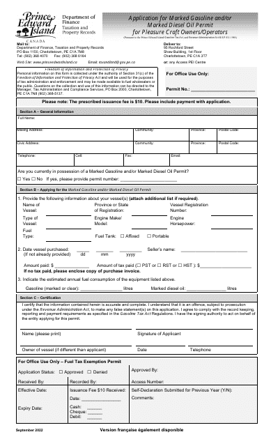 Application for Marked Gasoline and/or Marked Diesel Oil Permit for Pleasure Craft Owners/Operators - Prince Edward Island, Canada