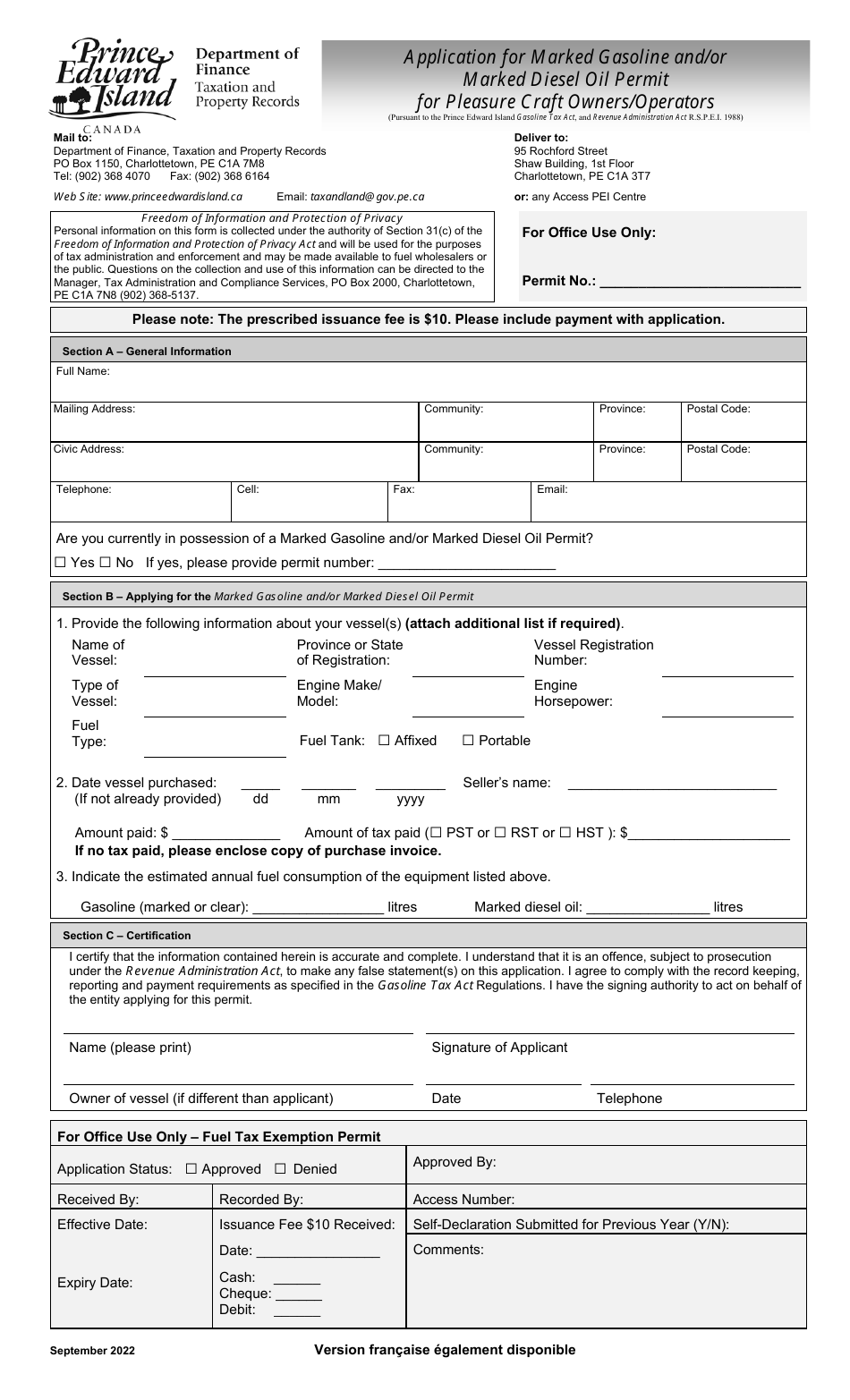 Application for Marked Gasoline and / or Marked Diesel Oil Permit for Pleasure Craft Owners / Operators - Prince Edward Island, Canada, Page 1