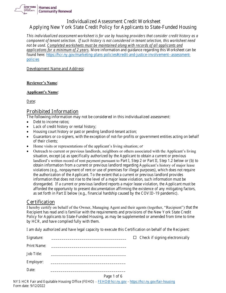 Individualized Assessment Credit Worksheet - Applying New York State Credit Policy for Applicants to State-Funded Housing - New York, Page 1
