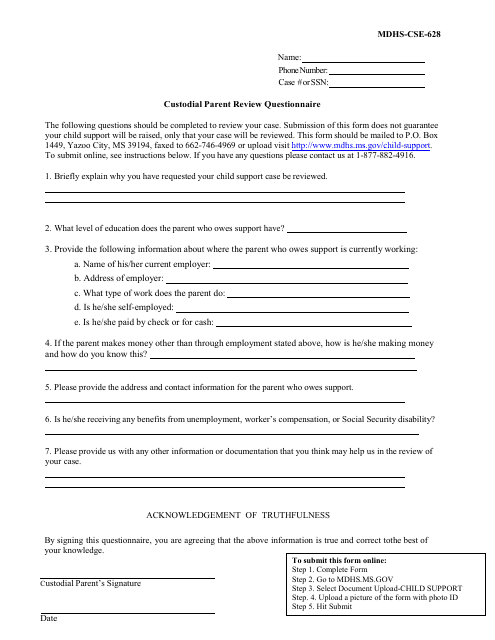 Form MDHS-CSE-628 Custodial Parent Review Questionnaire - Mississippi