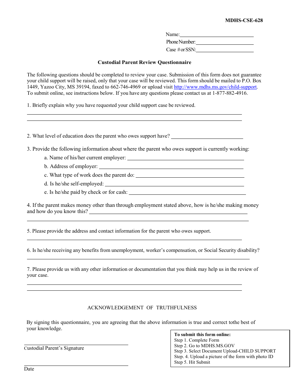 Form MDHS-CSE-628 Custodial Parent Review Questionnaire - Mississippi, Page 1