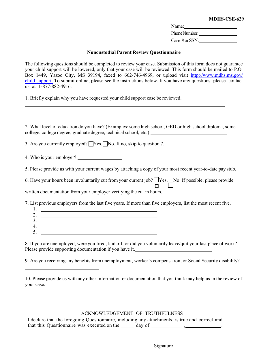 Form MDHS-CSE-629 Noncustodial Parent Review Questionnaire - Mississippi, Page 1
