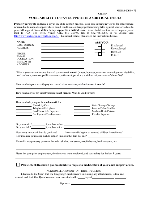 Form MDHS-CSE-472 Noncustodial Parent Contempt Questionnaire - Mississippi