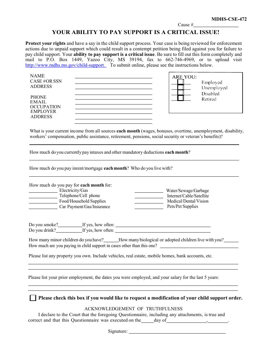 Form MDHS-CSE-472 Noncustodial Parent Contempt Questionnaire - Mississippi, Page 1