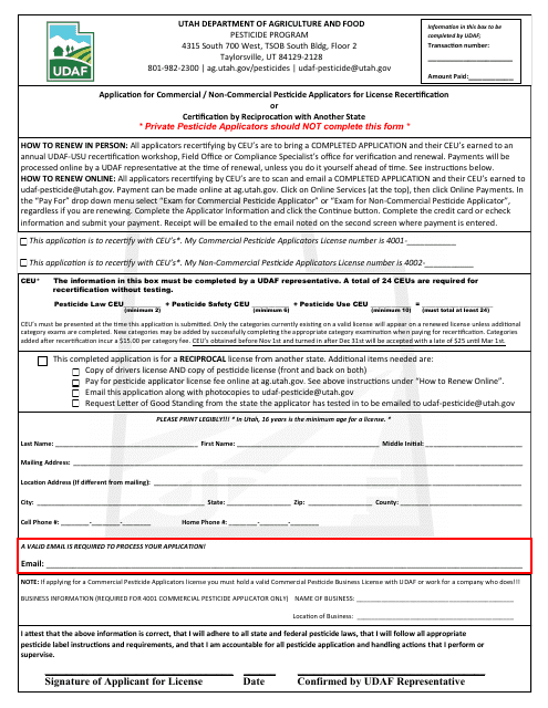 Application for Commercial / Non-commercial Pesticide Applicators for License Recertification or Certification by Reciprocation With Another State - Utah Download Pdf