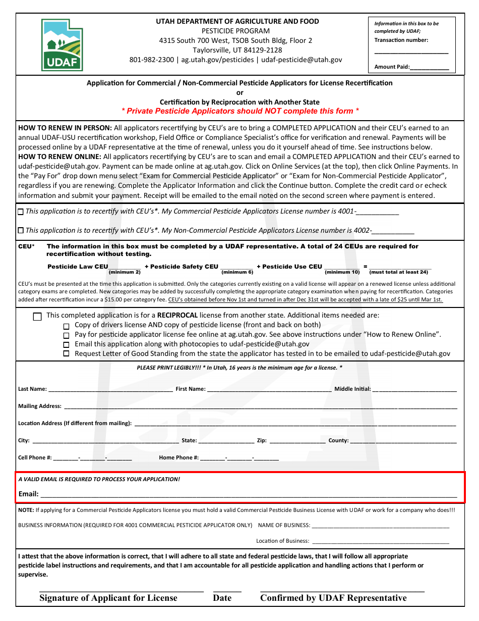 Utah Application for Pesticide Applicators