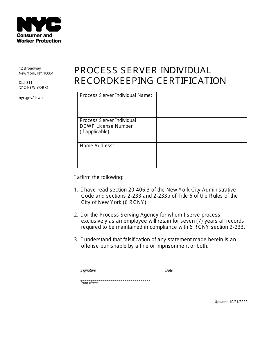 Process Server Individual Recordkeeping Certification - New York City, Page 1