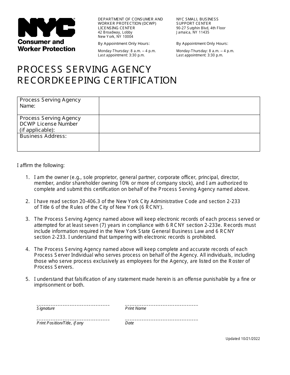 New York City Process Serving Agency Recordkeeping Certification - Fill ...