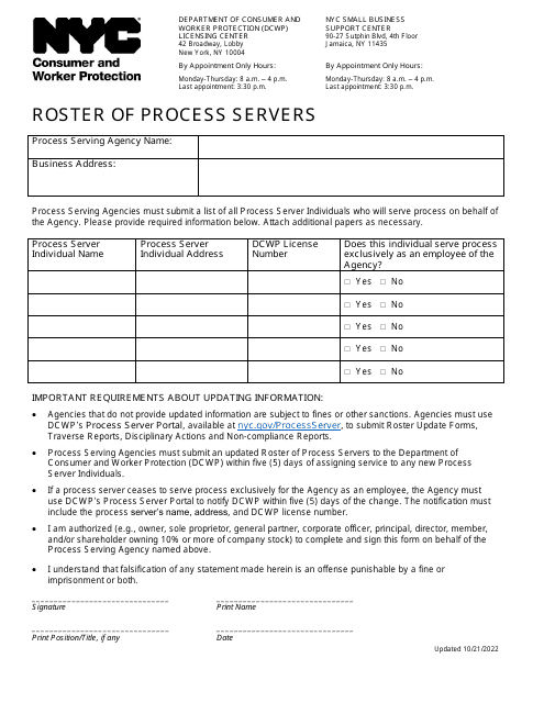 Roster of Process Servers - New York City Download Pdf