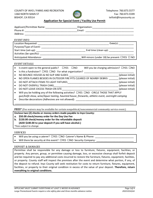 Application for Special Event / Facility Use Permit - Inyo County, California Download Pdf