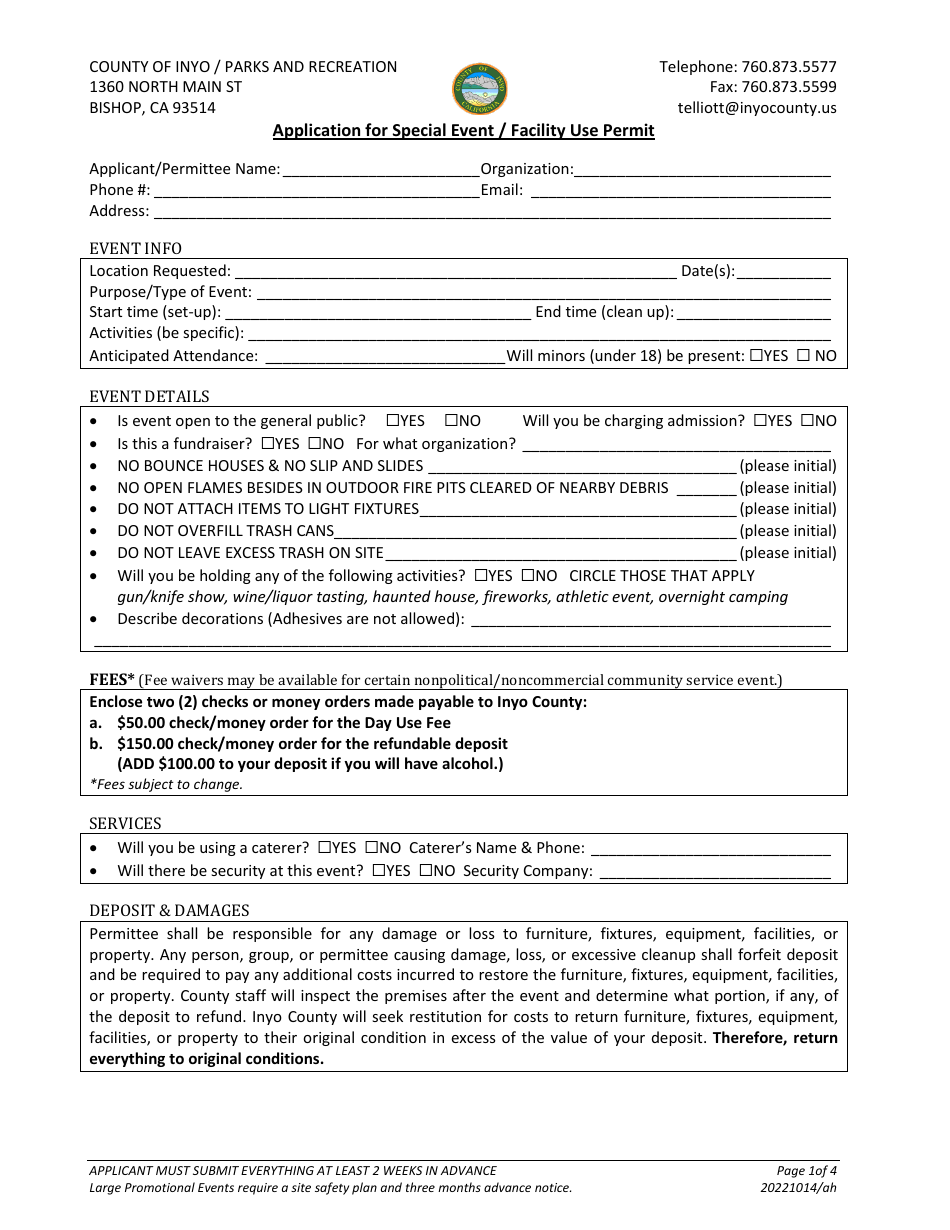 Application for Special Event / Facility Use Permit - Inyo County, California, Page 1