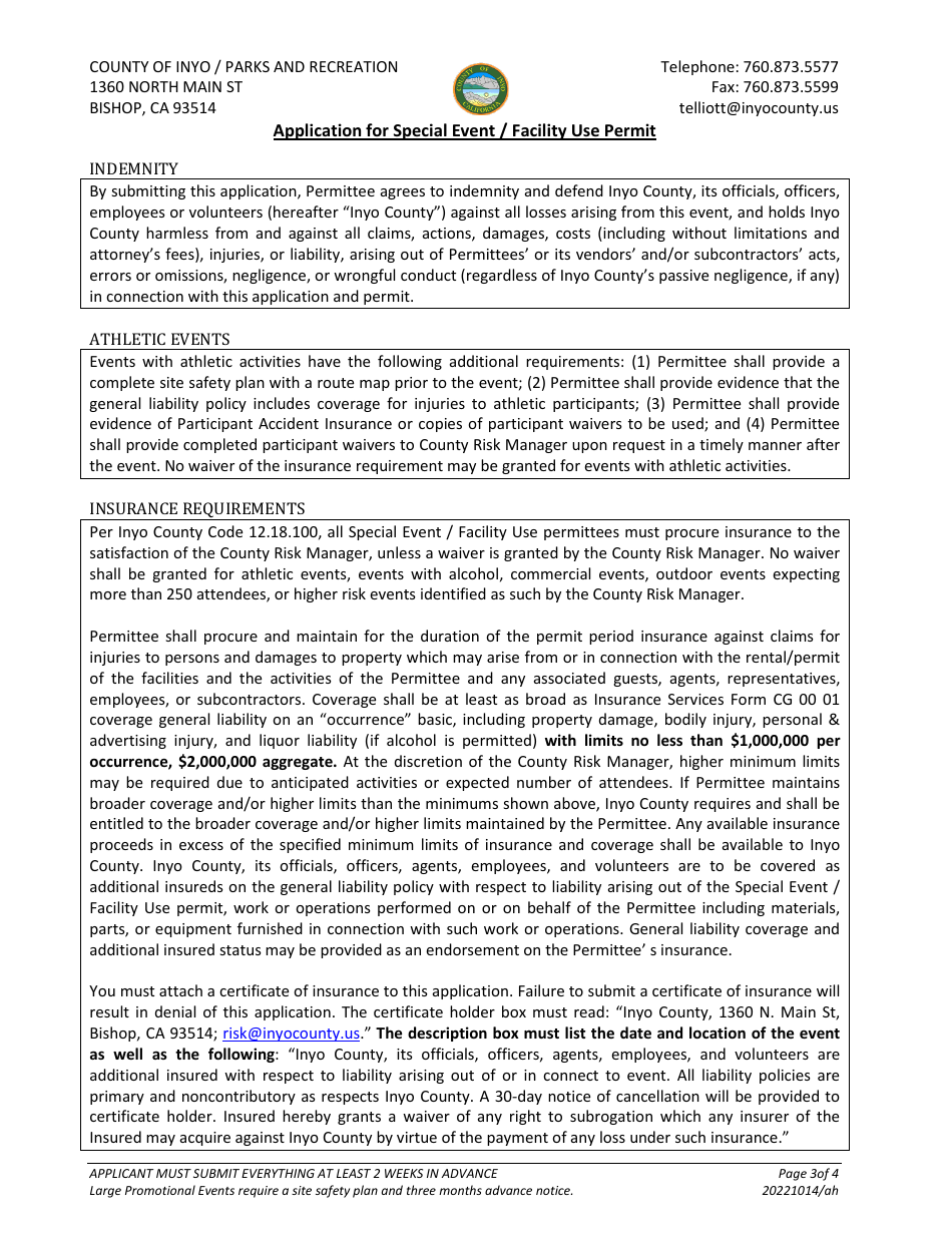 Application for Special Event / Facility Use Permit - Inyo County, California, Page 3