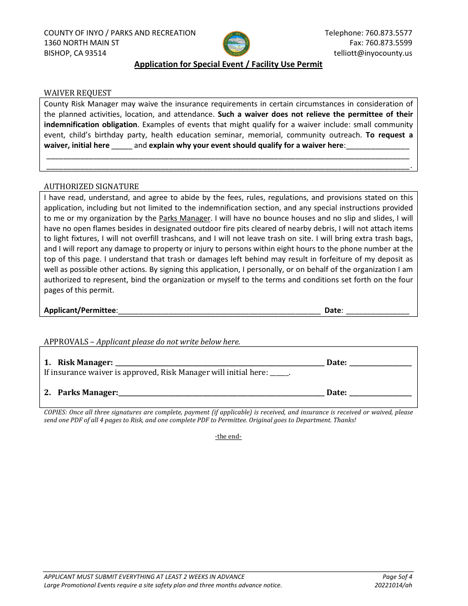 Application for Special Event / Facility Use Permit - Inyo County, California, Page 5