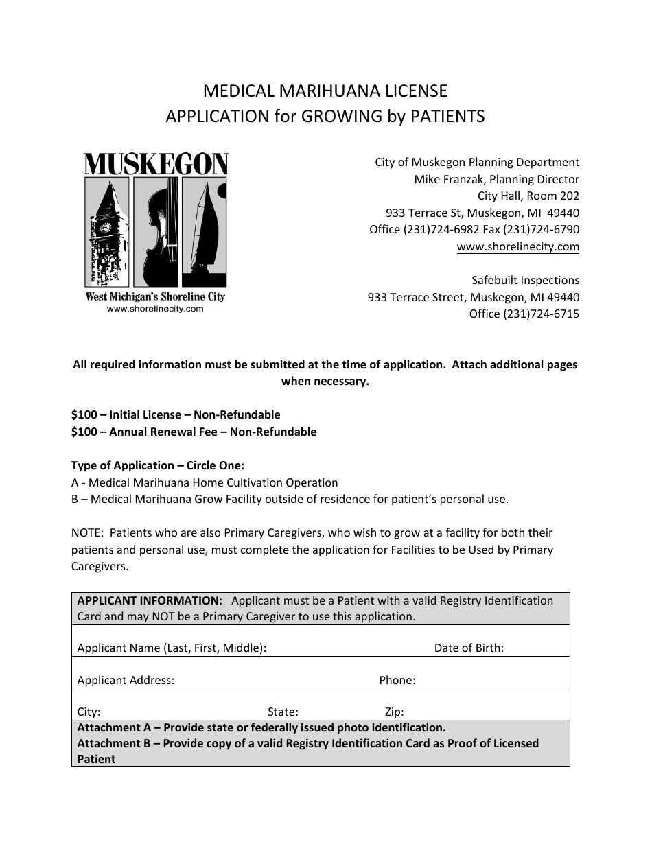 Medical Marihuana License Application for Growing by Patients - City of Muskegon, Michigan, Page 1