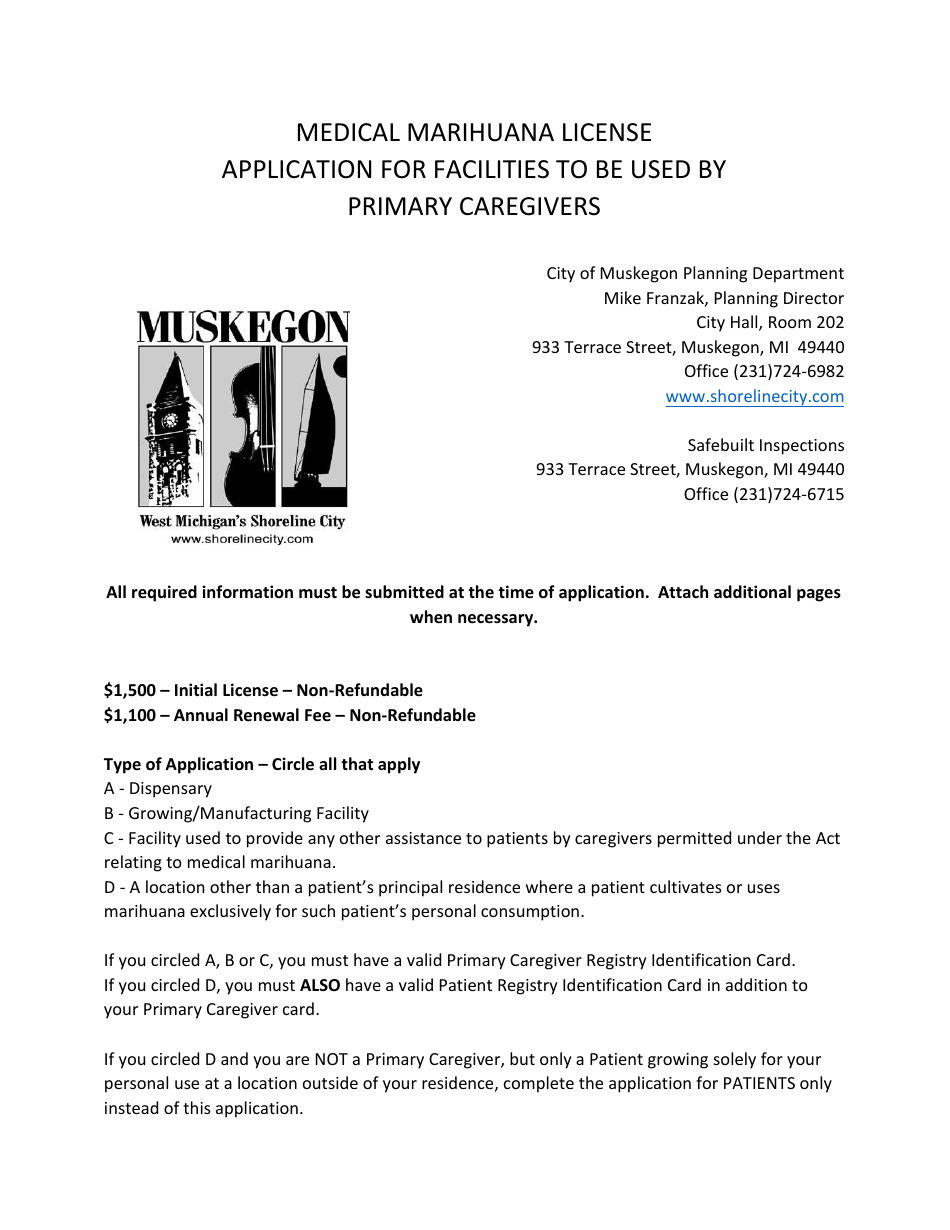 Medical Marihuana License Application for Facilities to Be Used by Primary Caregivers - City of Muskegon, Michigan, Page 1