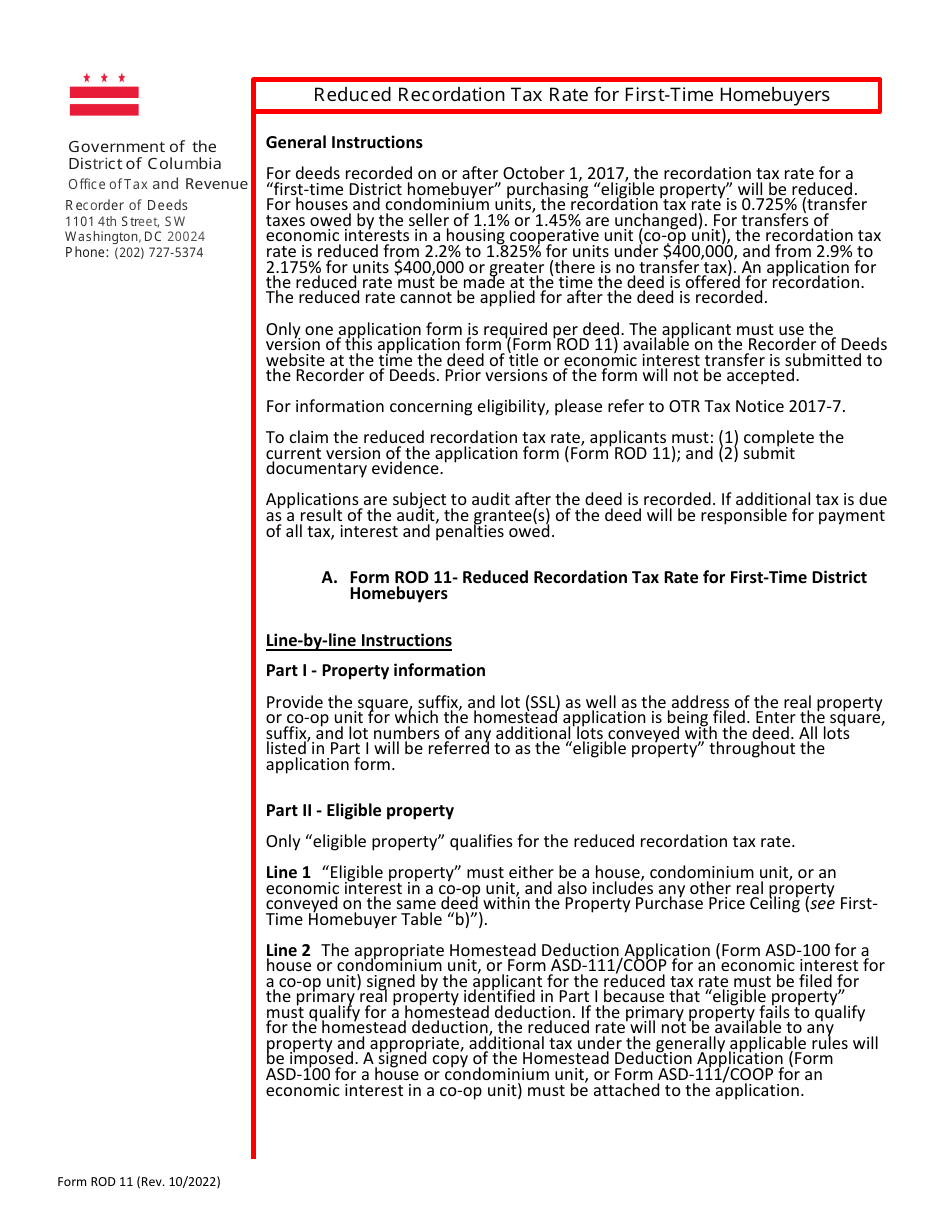 Form ROD11 Reduced Recordation Tax Rate for First-Time Homebuyers - Washington, D.C., Page 1