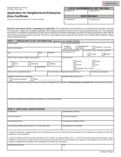 Form 4775 Application for Neighborhood Enterprise Zone Certificate - Michigan