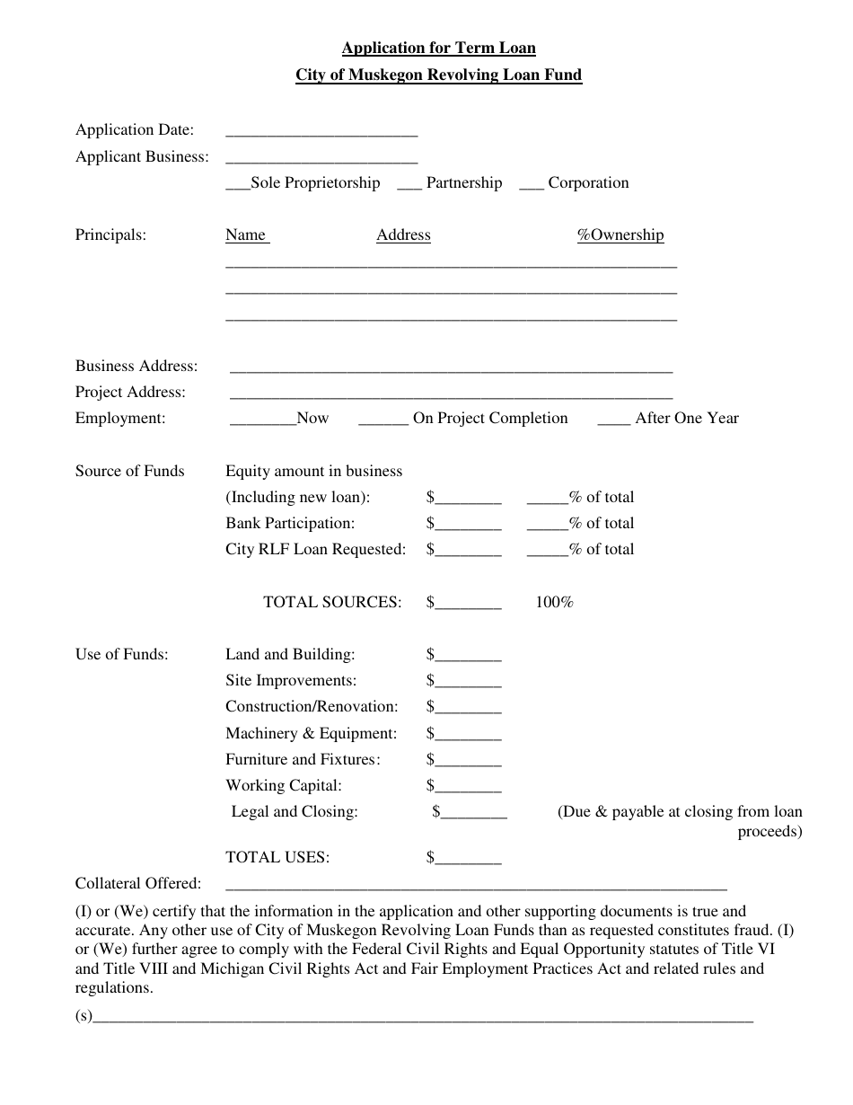 Application for Term Loan - Revolving Loan Fund - City of Muskegon, Michigan, Page 1