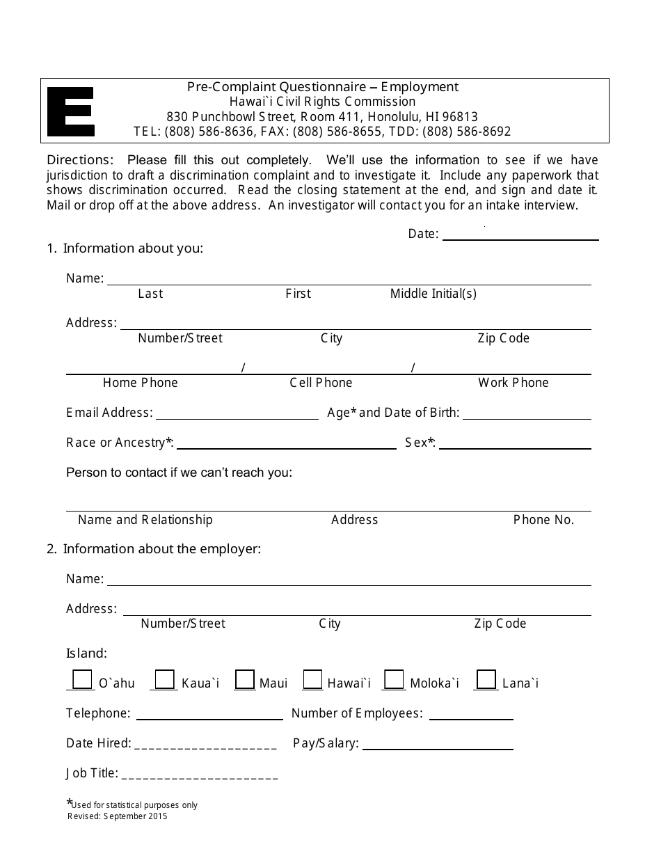 Pre-complaint Questionnaire - Employment - Hawaii, Page 3