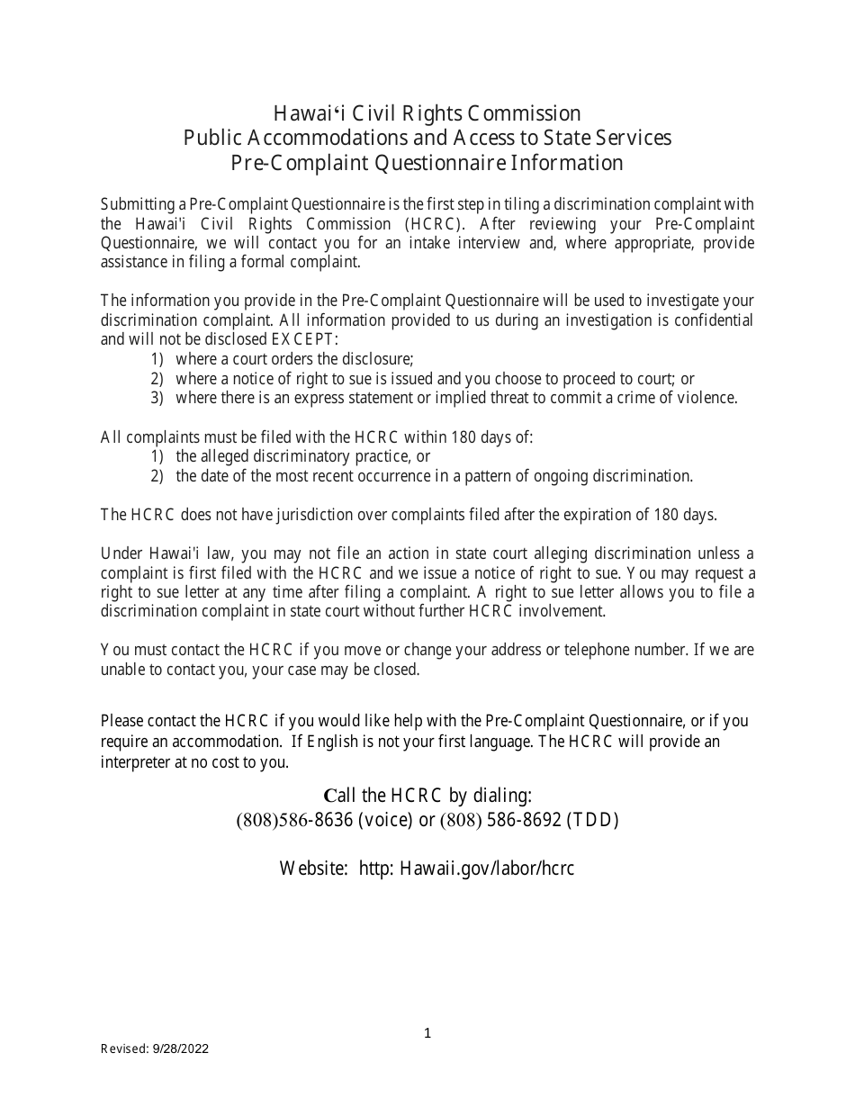 Pre-complaint Questionnaire - Public Accommodations / Access to State and State Funded Services - Hawaii, Page 1