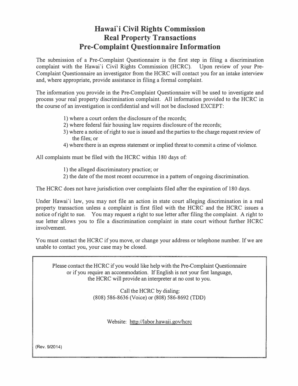 Pre-complaint Questionnaire - Real Property Transactions - Hawaii, Page 1