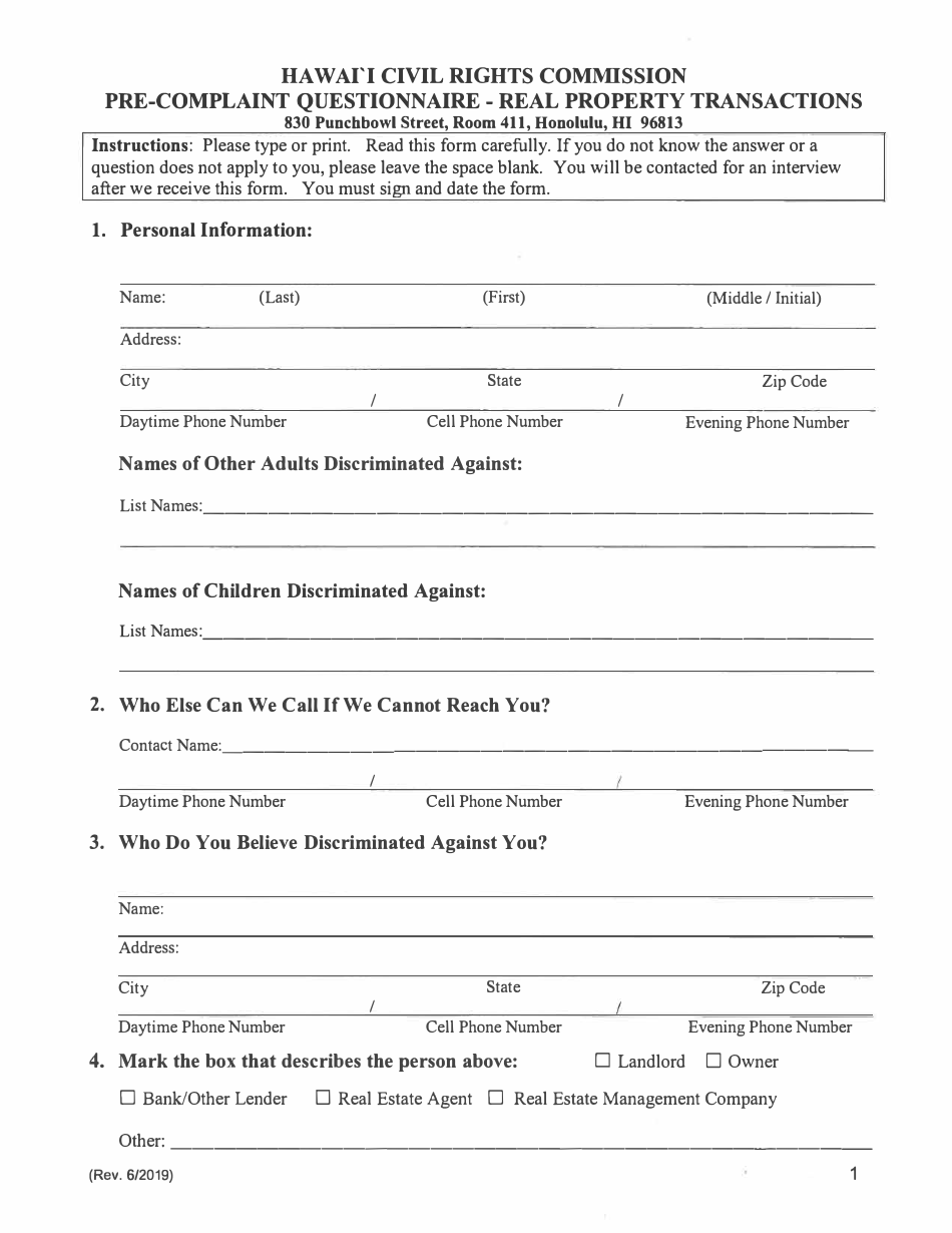 Pre-complaint Questionnaire - Real Property Transactions - Hawaii, Page 3