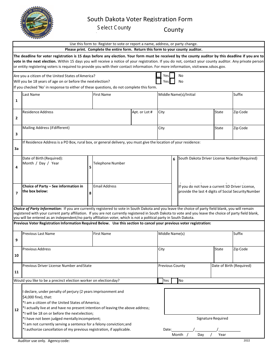 South Dakota Voter Registration Form - South Dakota, Page 1