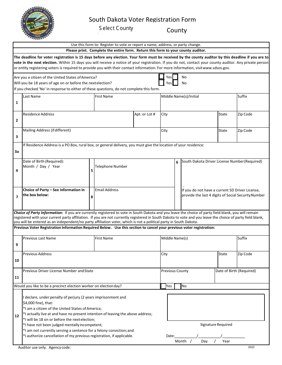 South Dakota South Dakota Voter Registration Form Download Fillable PDF