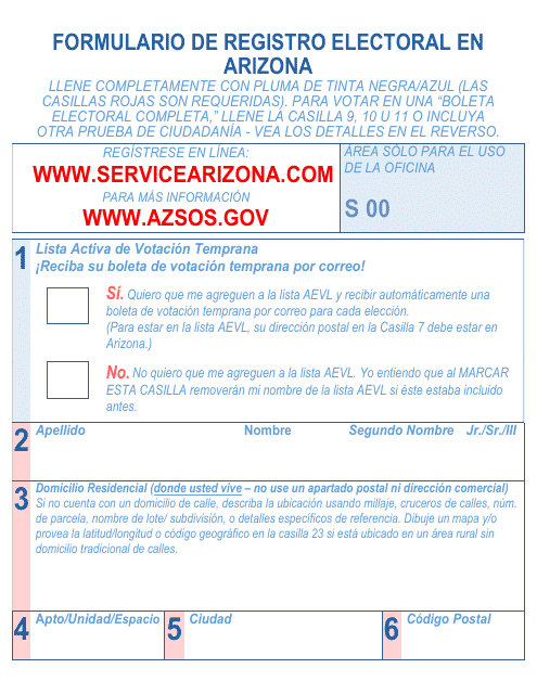 Formulario De Registro Electoral En Arizona - Large Print - Arizona (Spanish)