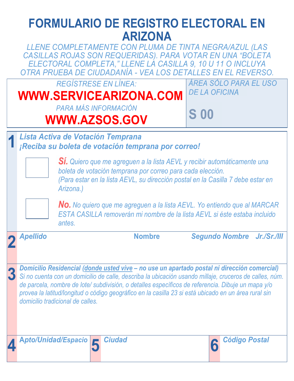 Formulario De Registro Electoral En Arizona - Large Print - Arizona (Spanish), Page 1