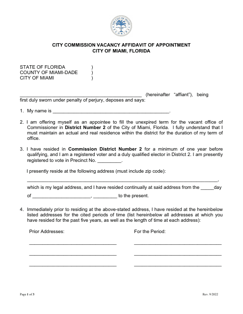 City Commission Vacancy Affidavit of Appointment - City of Miami, Florida