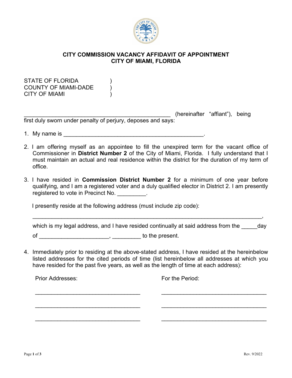 City Commission Vacancy Affidavit of Appointment - City of Miami, Florida, Page 1